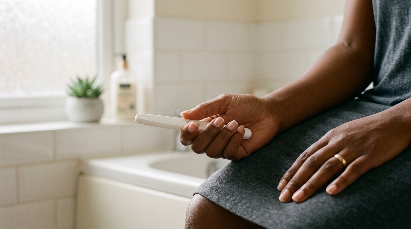 Woman's hand holding pregnancy test face-down on bathtub edge